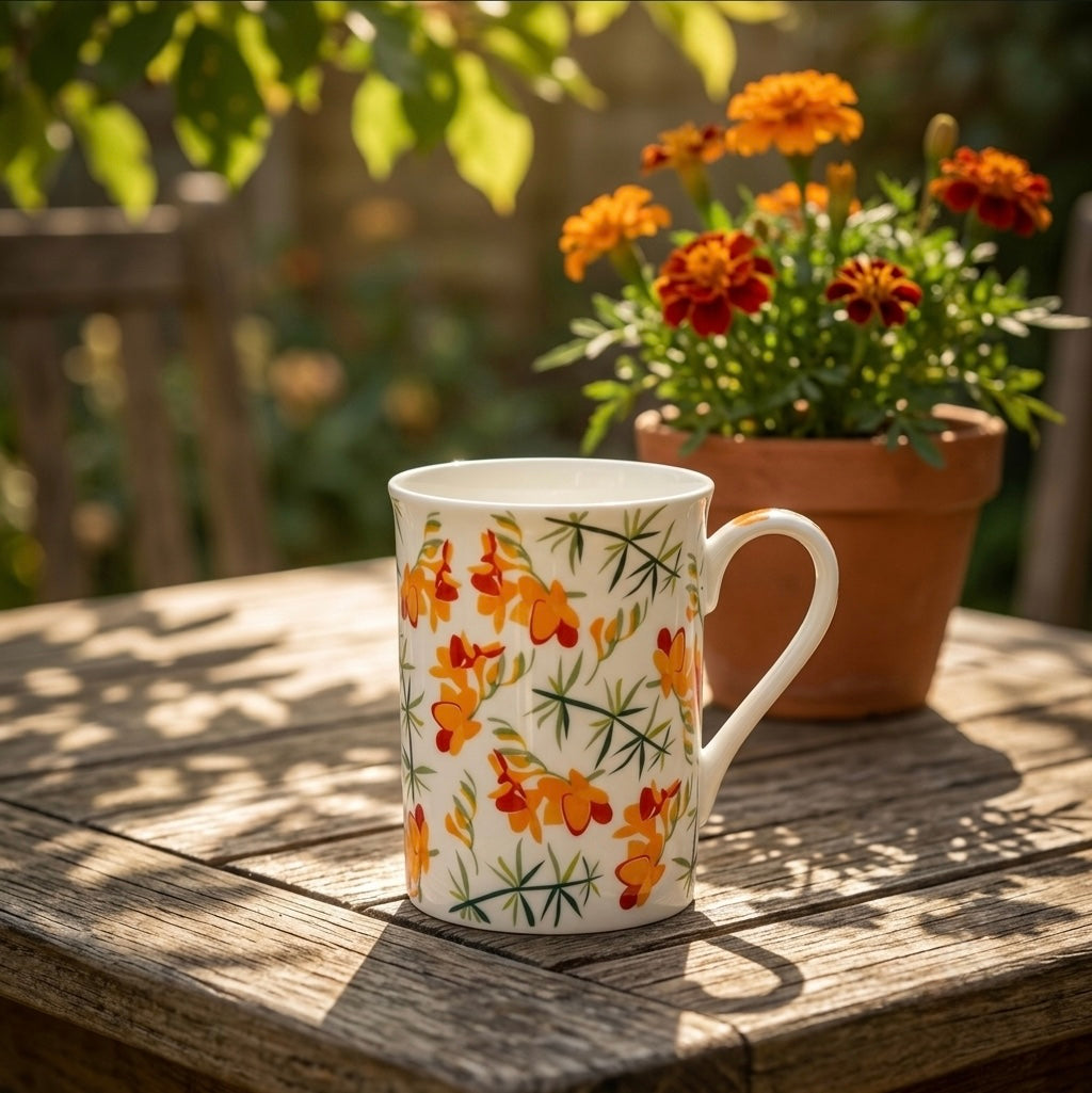 A white ceramic mug with a vibrant orange and green floral pattern sits on a weathered wooden table in a garden setting, with a potted marigold plant in the background.