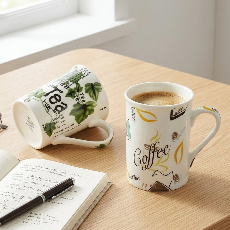 Two white ceramic mugs with coffee and tea themed illustrations on a light wood desk next to an open notebook, pen, and eyeglasses.