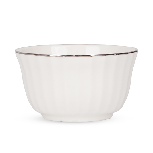 White Ceramic Bowl Set featuring elegant crown-shaped bowls with a glossy white finish and premium platinum band, pack of 3