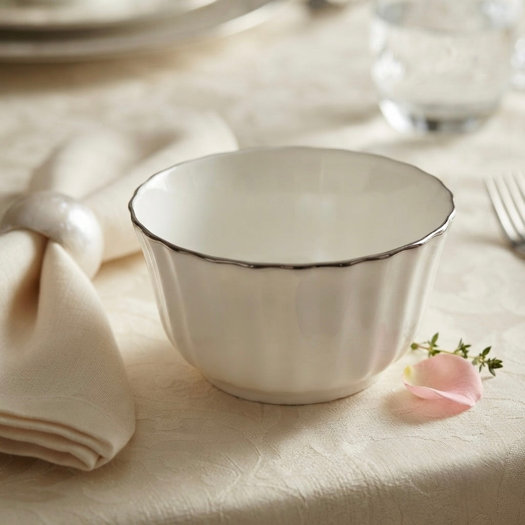 White Ceramic Bowl Set showcasing modern glossy white crown bowls with metallic platinum accents, ideal for serving snacks and desserts