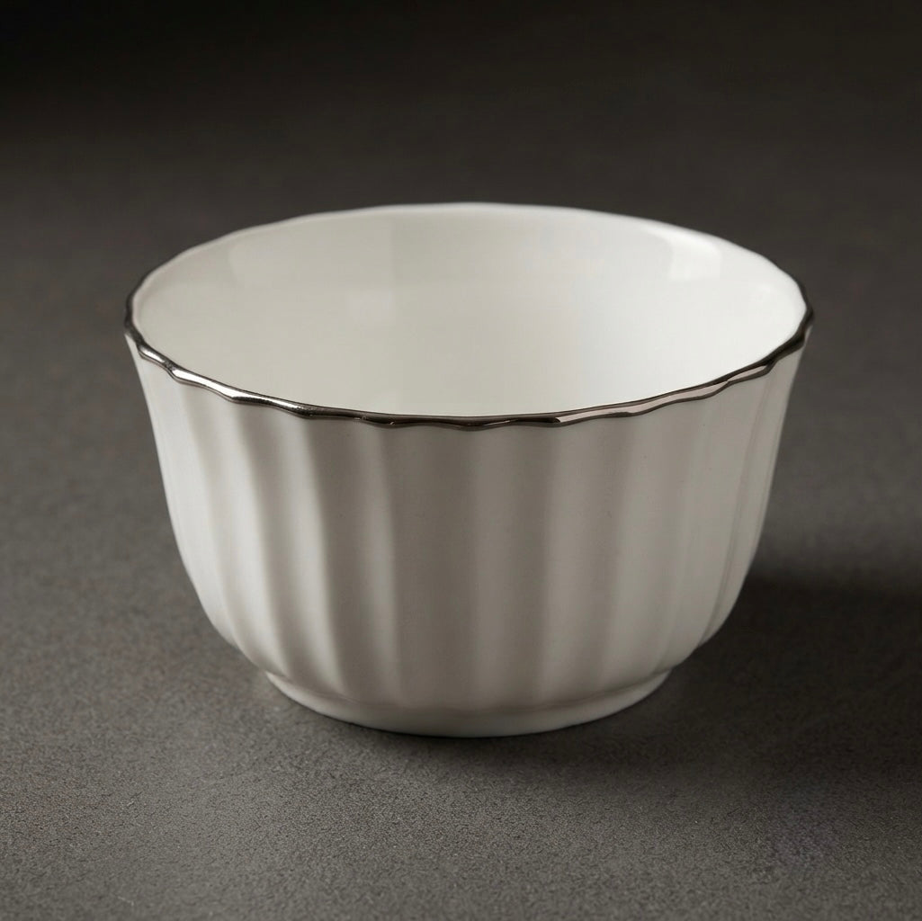 White Ceramic Bowl Set displaying premium white ceramic bowls with decorative platinum band and elegant crown-inspired silhouette