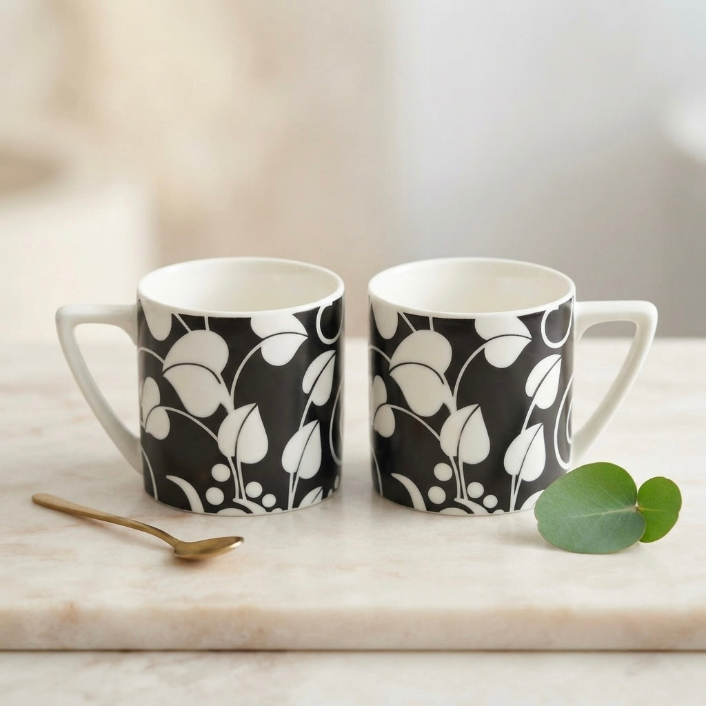 Puja Black and White Leaf (Coffee Mugs, Pack of 6) My Store
