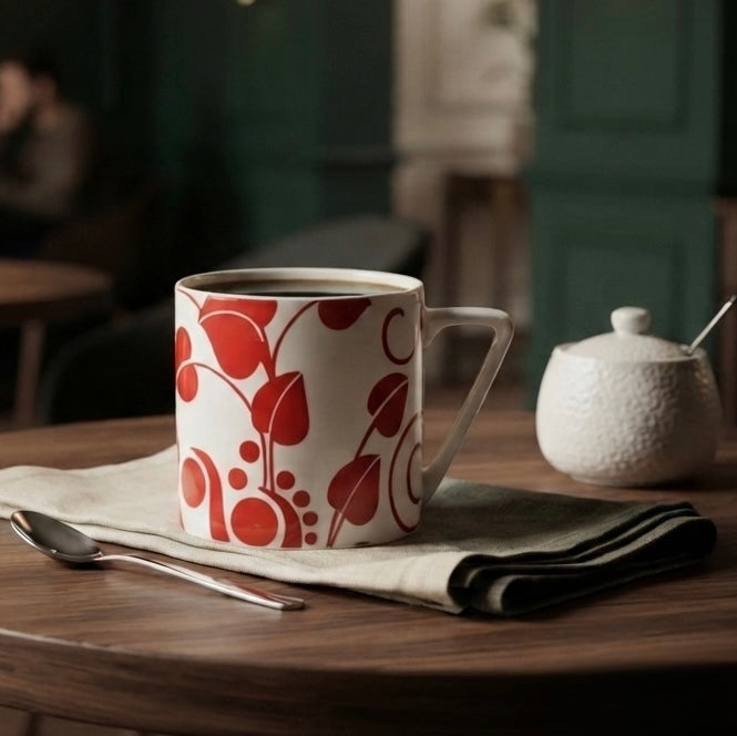A white ceramic mug with a red floral pattern sits on a wooden table in a dimly lit cafe setting, accompanied by a folded cream napkin, a spoon, and a small white textured sugar bowl.