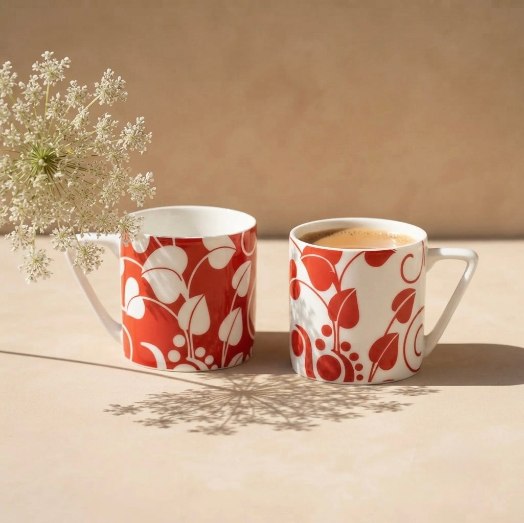Puja Red and White Leaves (Coffee Mugs, Pack of 6) My Store