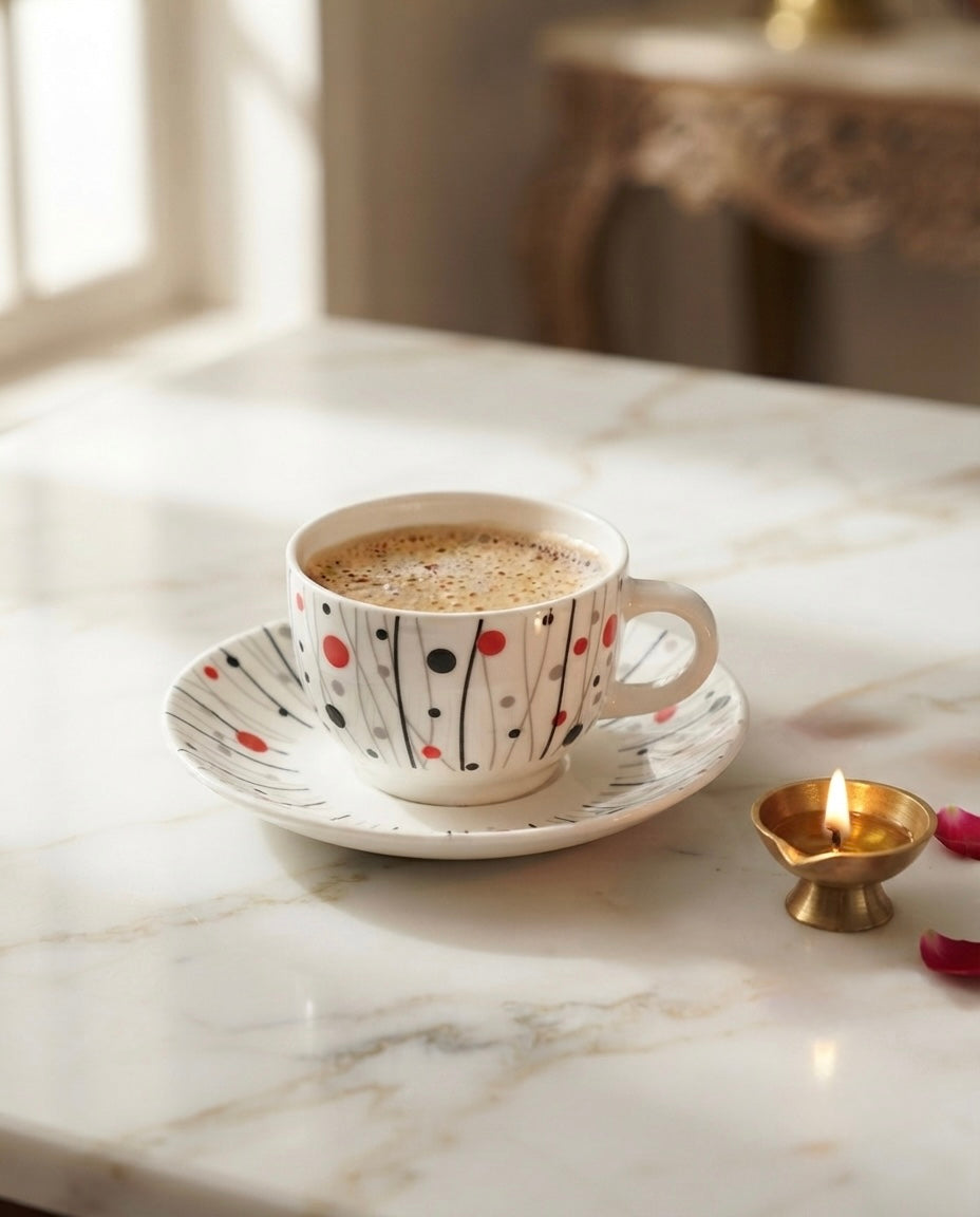 A white ceramic coffee cup and saucer set with a mid-century modern pattern of black vertical lines and red and black dots, filled with a cappuccino on a white marble table next to a small brass candle holder.
