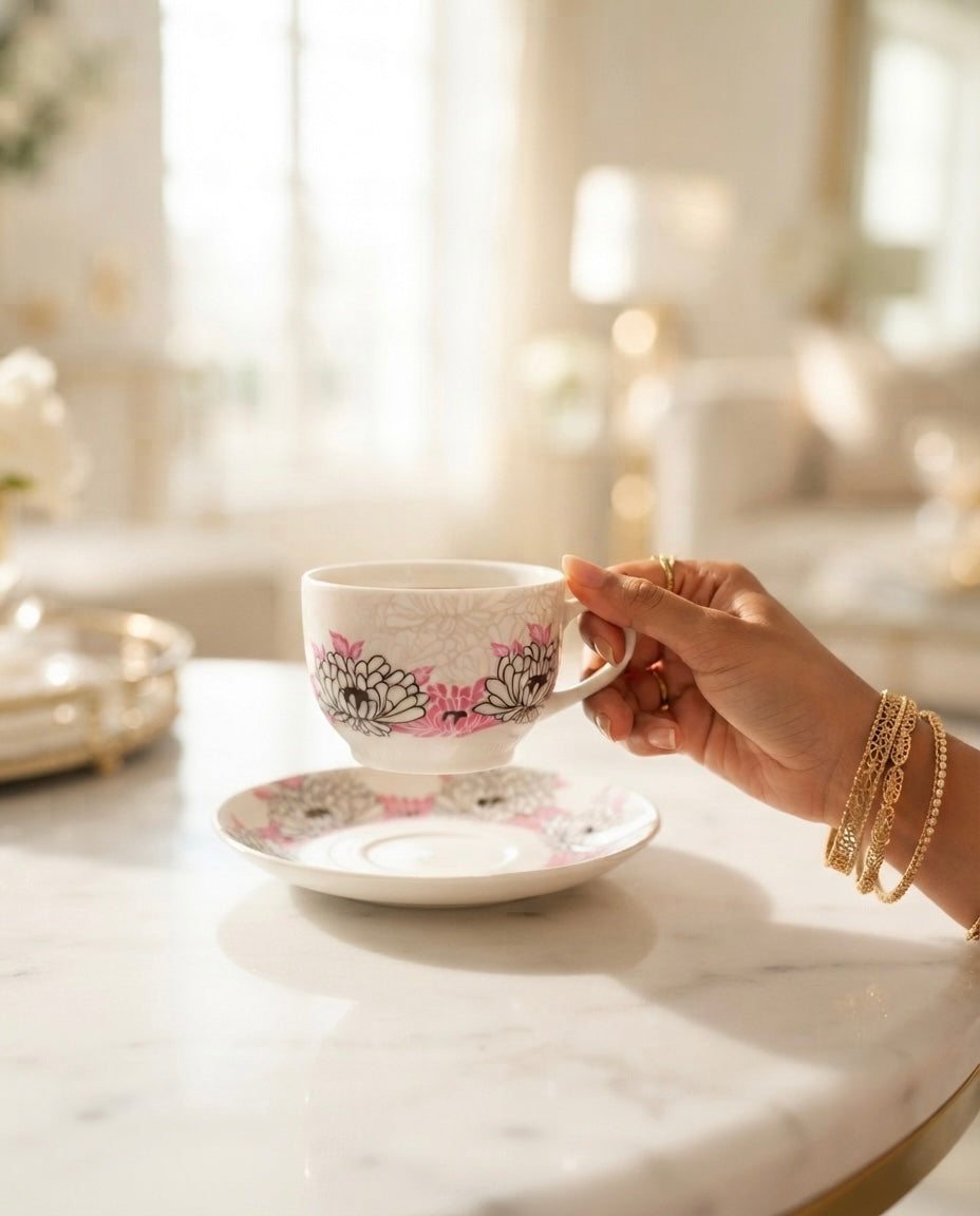 Rani Cups and Saucers with Pink Flowers, Pack of 12 My Store