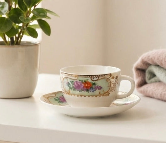 A white ceramic teacup and saucer with a colorful floral pattern and gold trim, styled on a white table next to a potted green plant and a folded pastel blanket.
