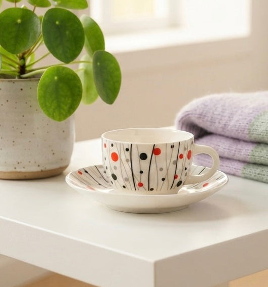 A styled interior scene showing a white ceramic teacup and saucer with a black, red, and orange polka-dot pattern, placed on a white table next to a potted green plant and a folded pastel blanket.