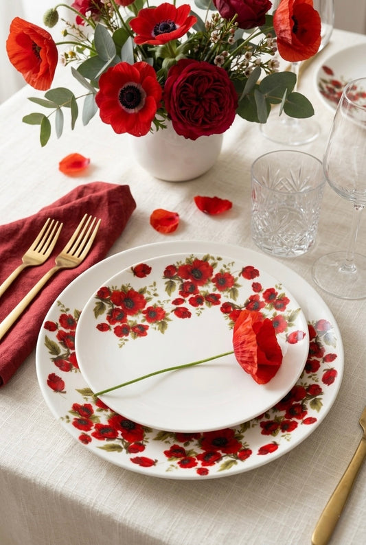 Red Poppy Dinner Set (Floral, Fine Bone China, 20 Piece Set)