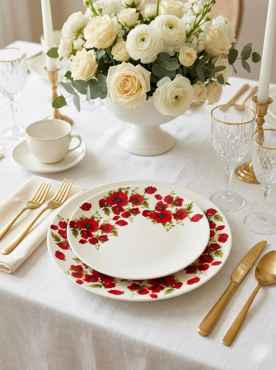 Red Poppy Dinner Set (Floral, Fine Bone China, 20 Piece Set)