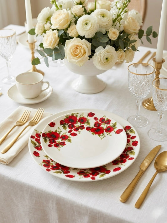 A styled table setting featuring a white ceramic dinner plate and charger plate with a red rose pattern, accompanied by gold flatware, a white teacup and saucer, and a large white floral centerpiece in the background.