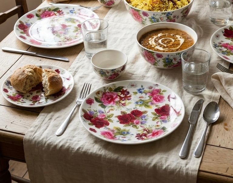 A dining table set with floral porcelain plates, bowls, and glasses on a beige linen runner, with food including soup, rice, and bread visible in a real indoor setting.