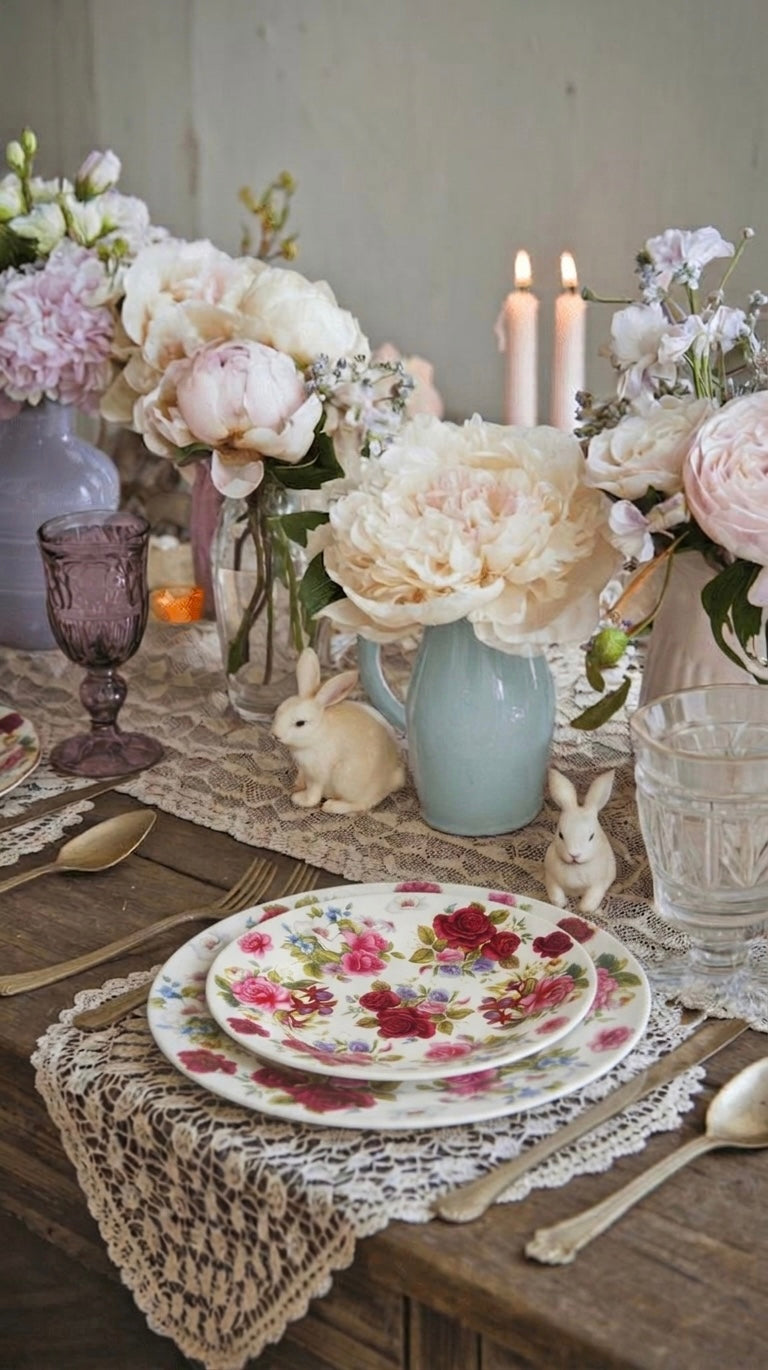 A styled table setting with floral ceramic plates, lace placemats, candles, and flower arrangements in a rustic indoor setting.