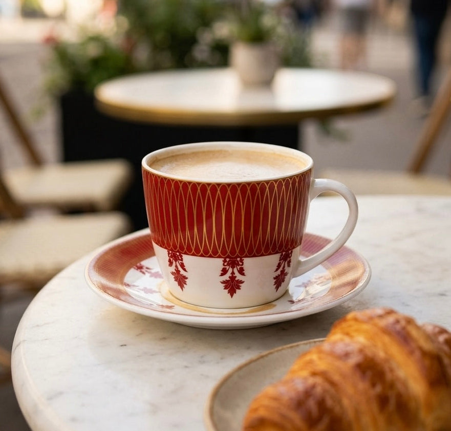 A red and white patterned ceramic coffee cup filled with cappuccino sits on a matching saucer on a marble table, with a croissant on a plate in the foreground and a blurred cafe background.