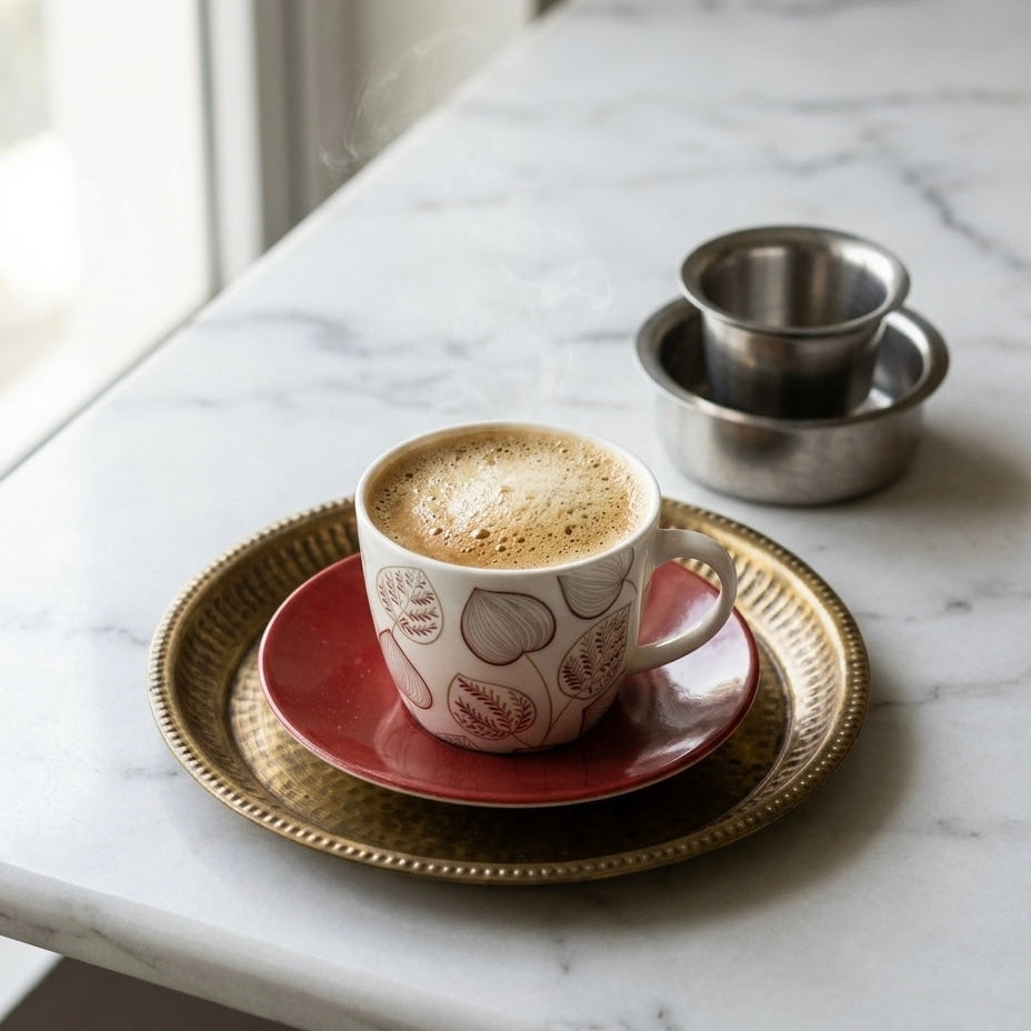 A white ceramic coffee cup with a pink floral pattern sits on a pink saucer and a gold-toned charger plate on a white marble countertop. A metal coffee dripper is visible in the background.