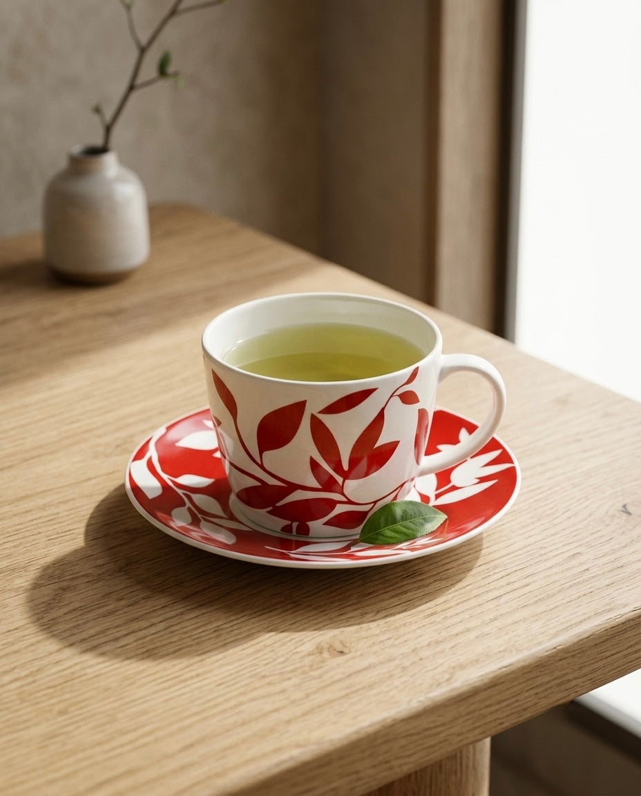A white ceramic teacup and saucer set decorated with a red leaf pattern, filled with tea and placed on a light wood table in a softly lit interior setting.