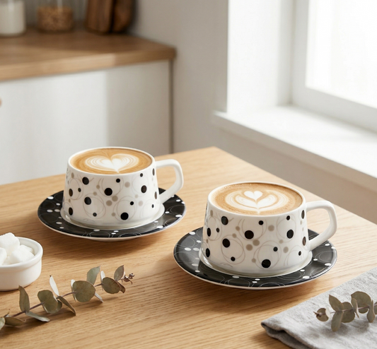 Sana Black Dots Cups and Saucer (Cup Plate Set of 12, Fine Bone China) My Store