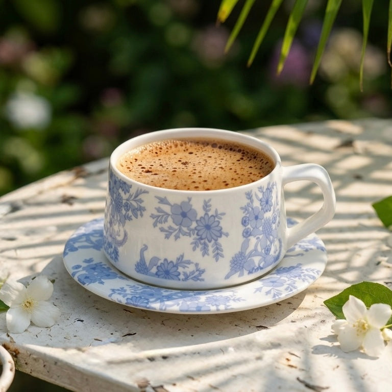 A blue and white floral patterned ceramic coffee cup filled with coffee, resting on a matching saucer on a distressed white metal table outdoors with green foliage in the background.