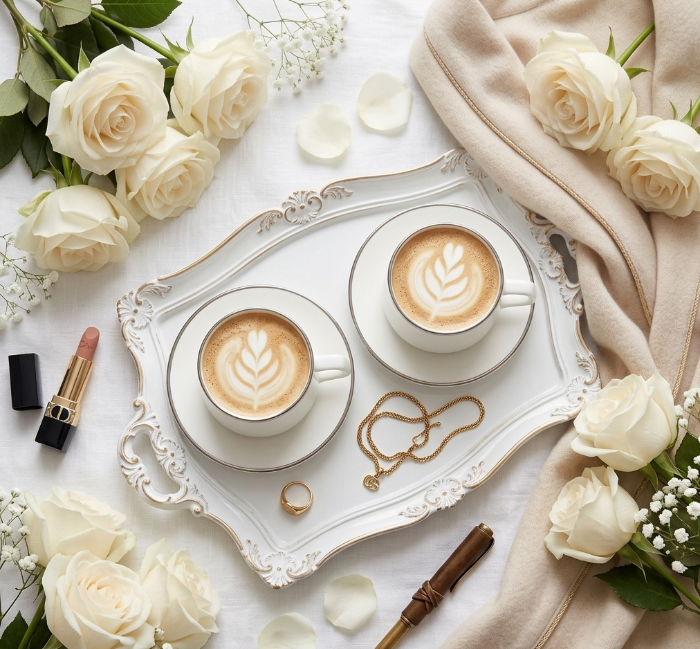 Two cups of coffee on a decorative tray with white roses, a ring, and lipstick.