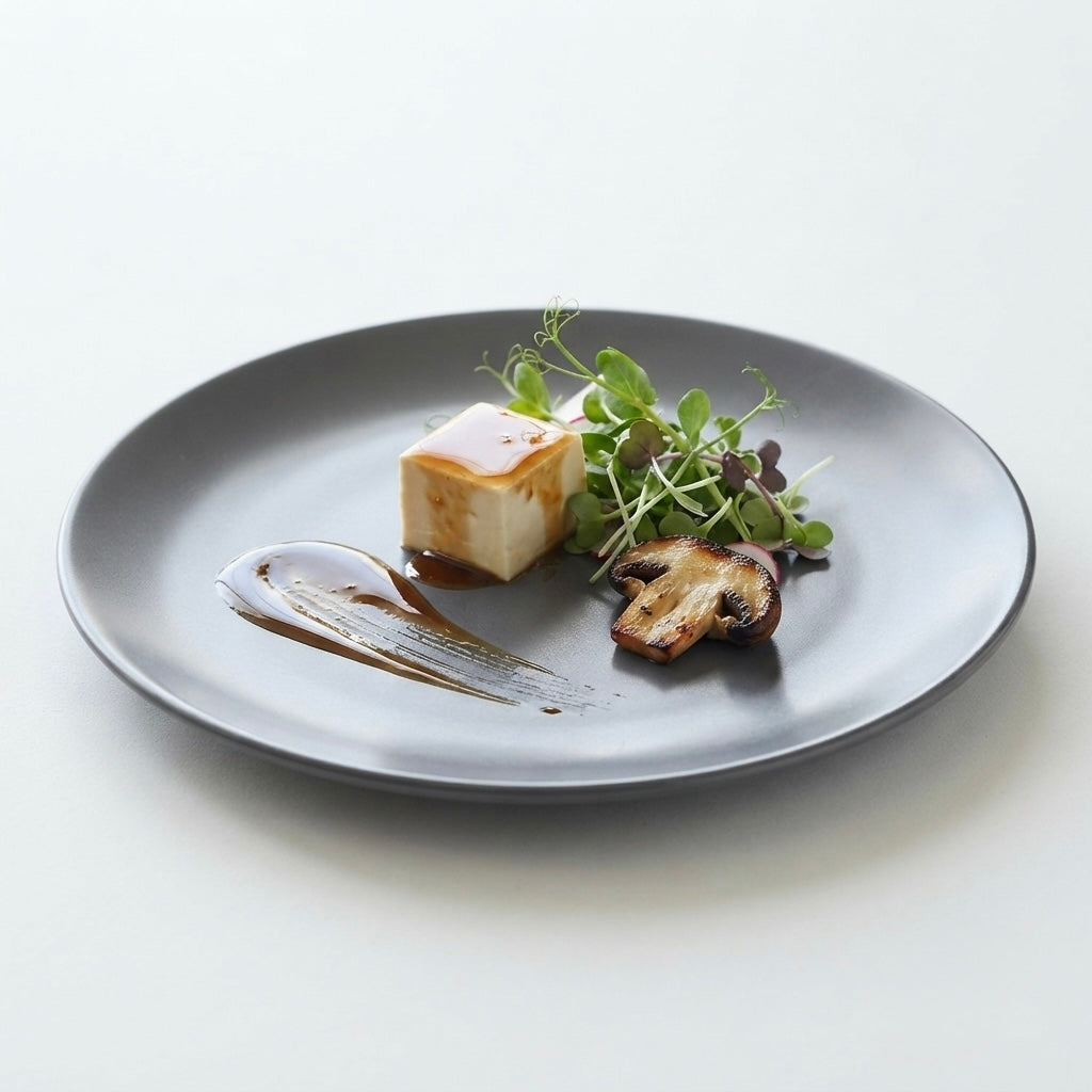 Grey Matt Ceramic Sattva Full Plates styled on a dining table with elegant modern tableware