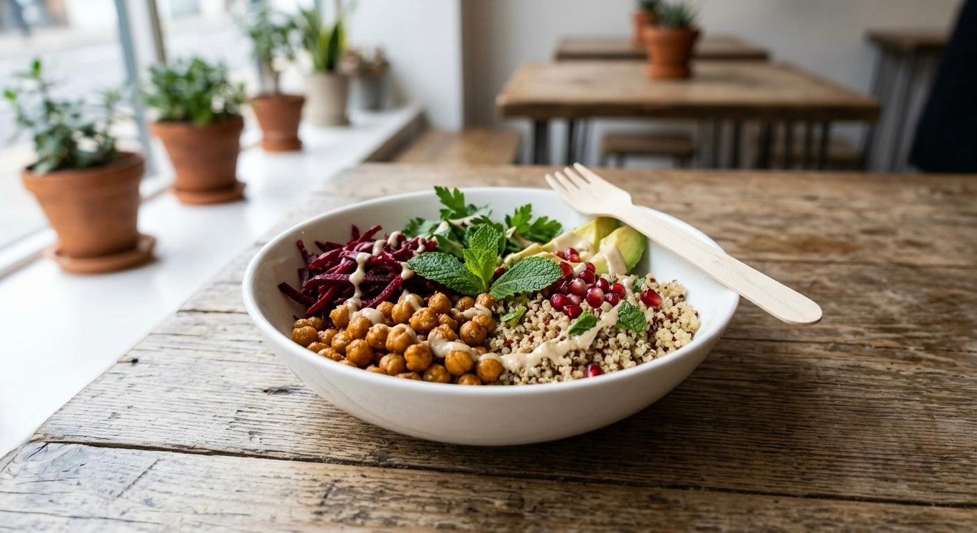 A white ceramic bowl filled with a chickpea and quinoa salad, garnished with parsley, mint, and pomegranate, sitting on a rustic wooden table with a wooden fork.