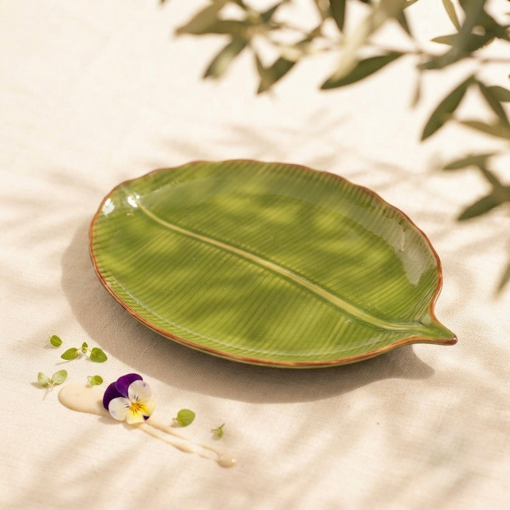 Large Sun Leaf Ceramic Platter (Pack of 1, Green) My Store