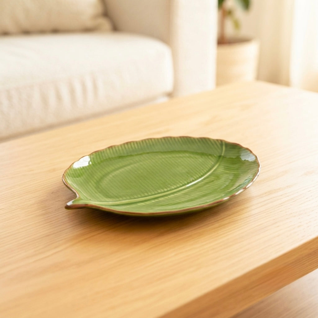 Large Sun Leaf Ceramic Platter (Pack of 1, Green) My Store