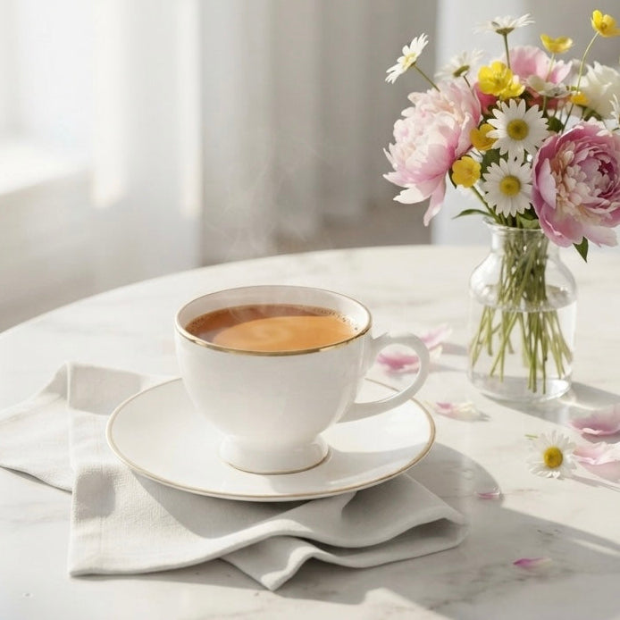 A white ceramic coffee cup with a gold rim sits on a matching saucer on a round marble table, next to a small vase of pink, white, and yellow flowers in a bright, softly lit room.