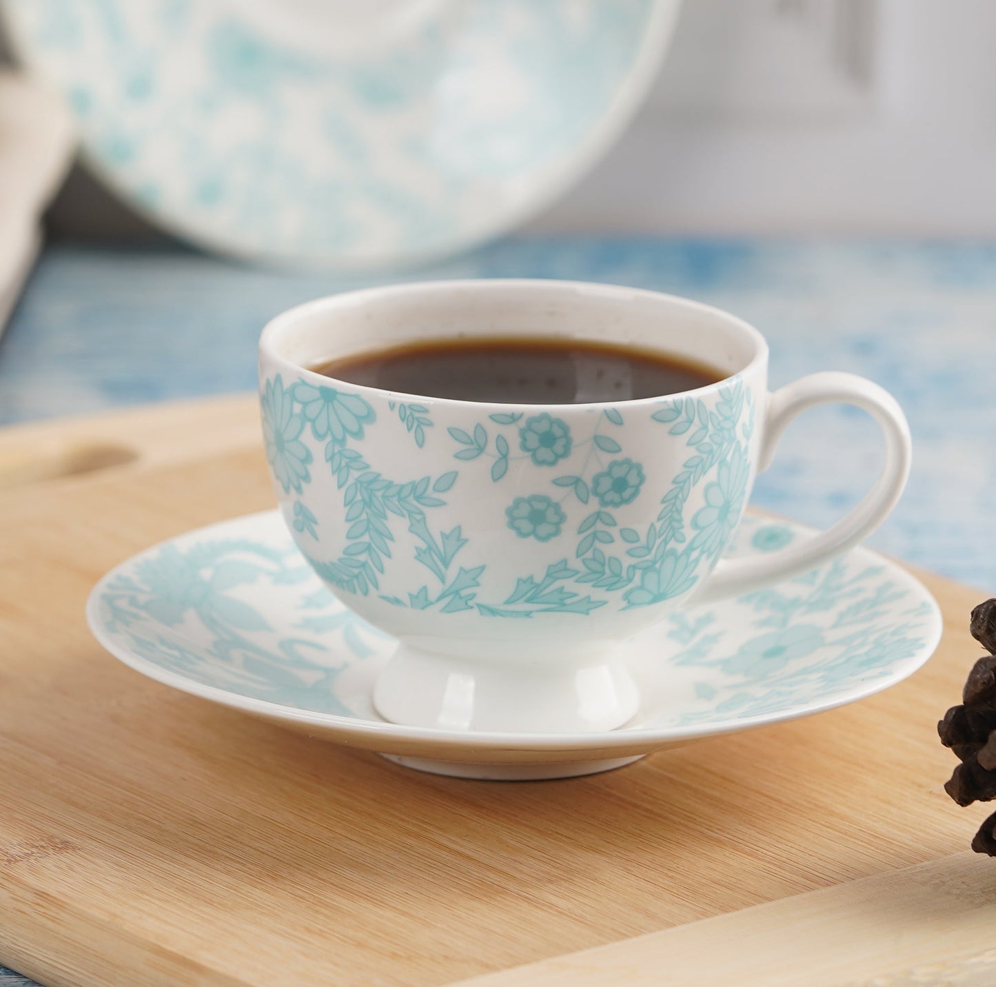 Yana Floral Cups and Saucers in Teal My Store