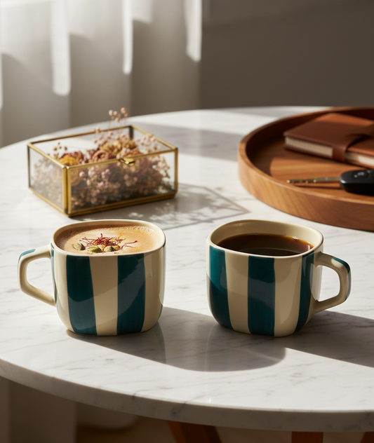 DATA Zen Stripes Hand Painted Coffee Mugs in Dark Green Lines, Set of 6