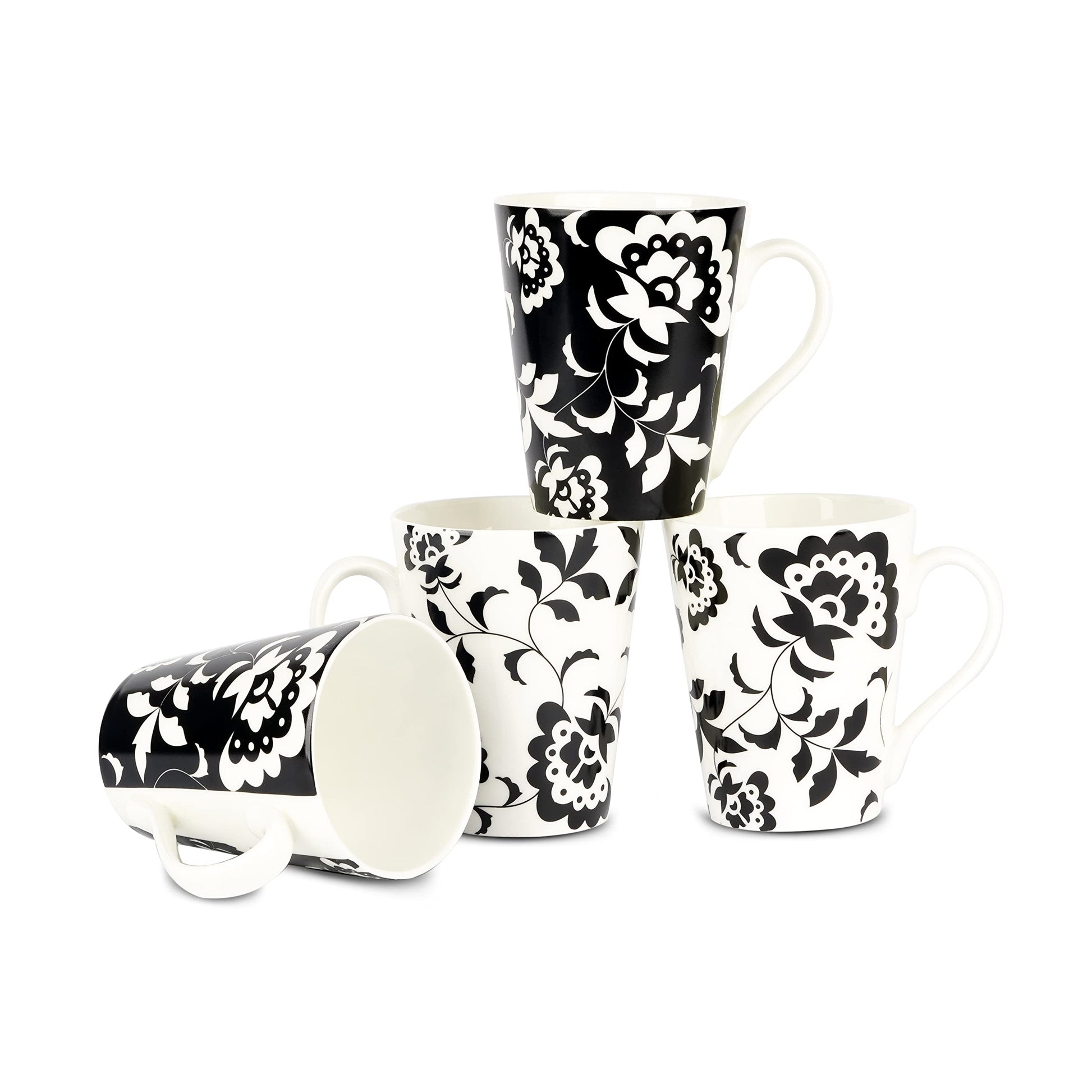Dandy Lines Conical Black and White Floral Design , Pack of 4 My Store