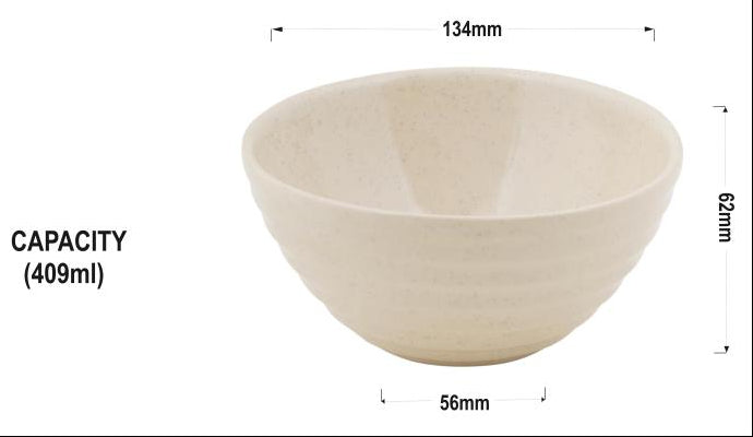 One beige speckled ceramic bowl with dimensions and capacity labels on a white background. 