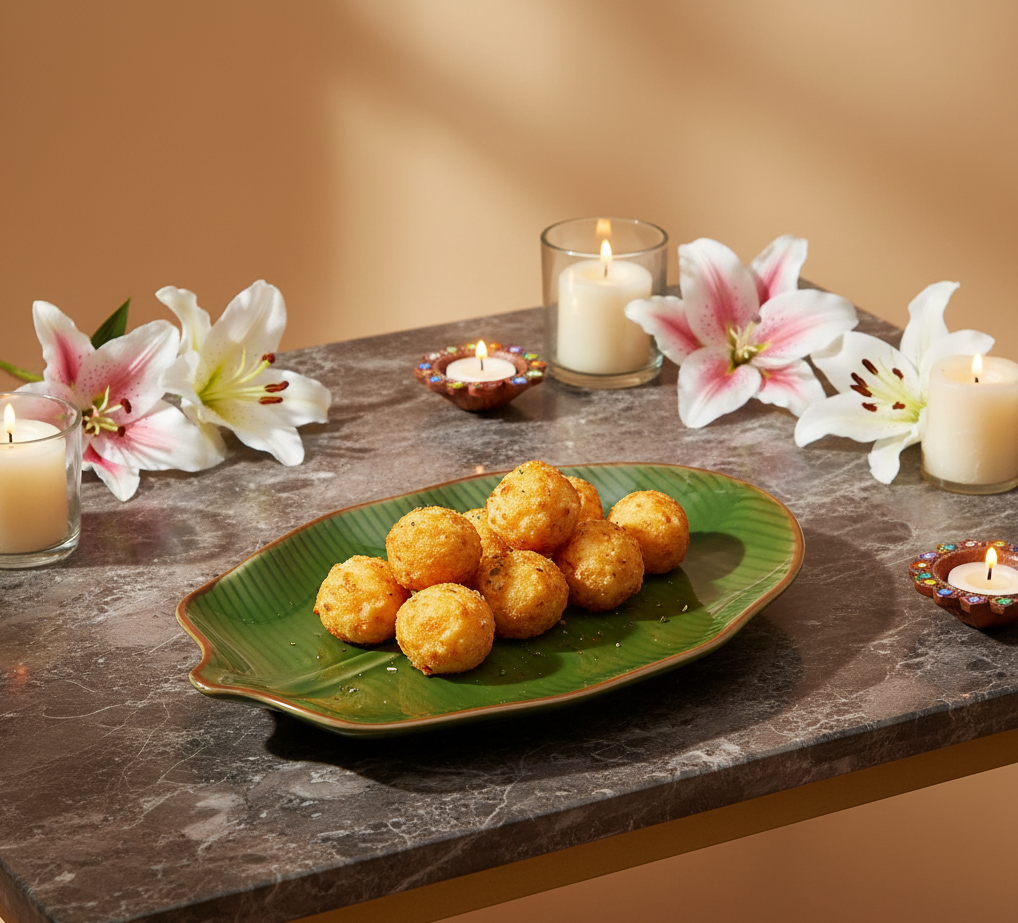 Green plate with fried balls on a marble surface with candles and flowers