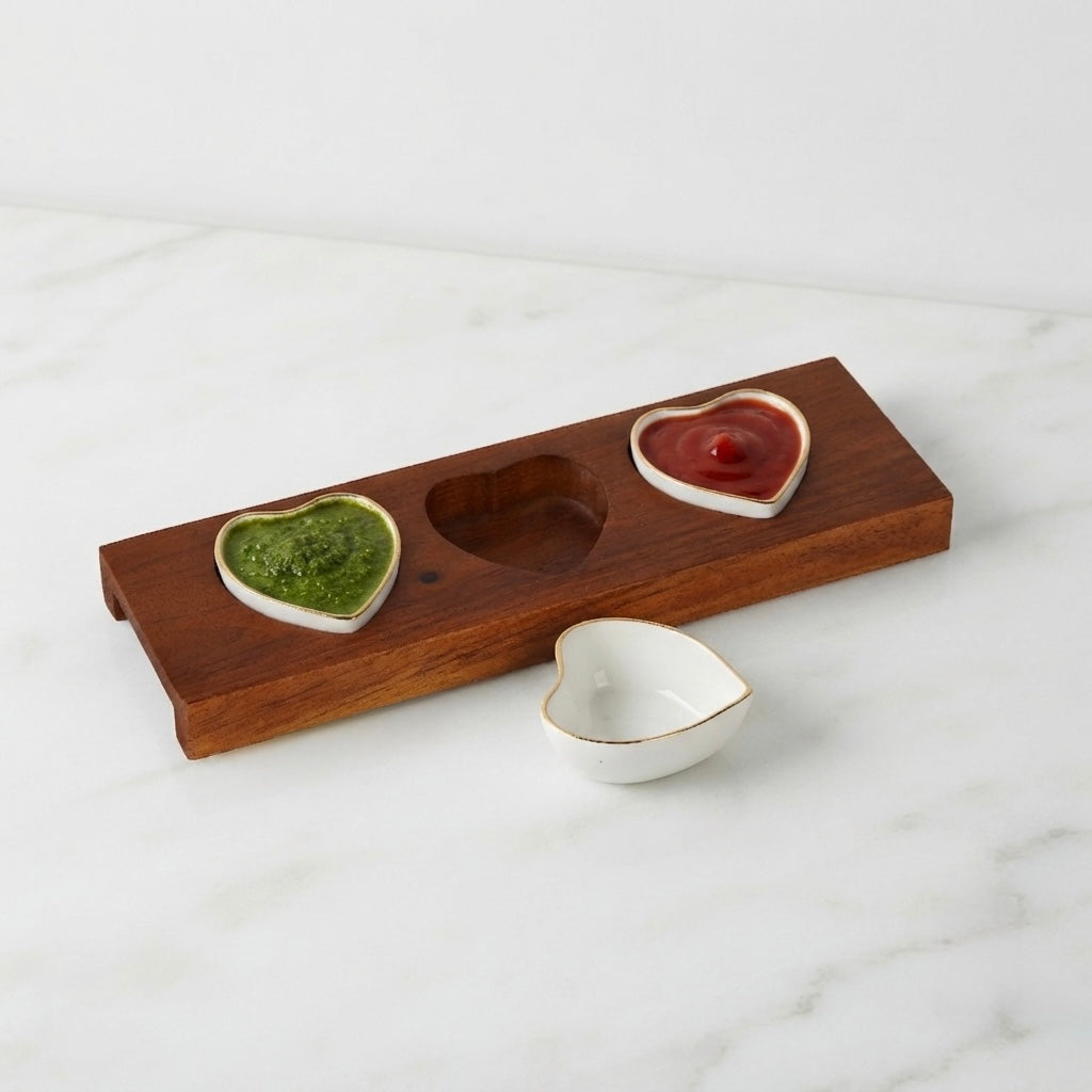 Heart Shaped Chutney Bowls in Pure Gold with Wooden Tray in white fine bone china