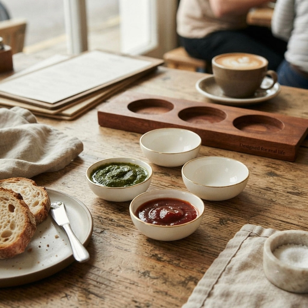 Luxury Round Chutney Bowl in Pure Gold with Wooden Tray and glossy white fine bone china