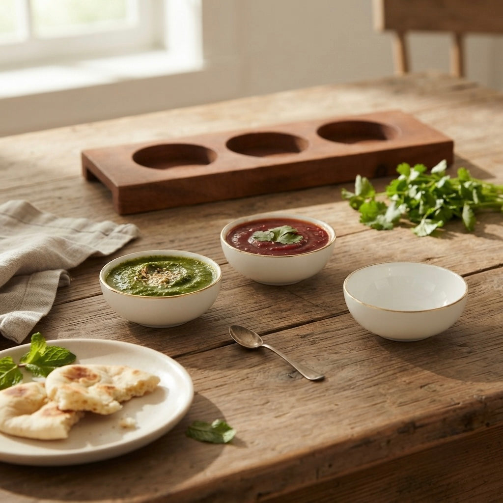 Elegant Round Chutney Bowl in Pure Gold with Wooden Tray and refined gold detailing