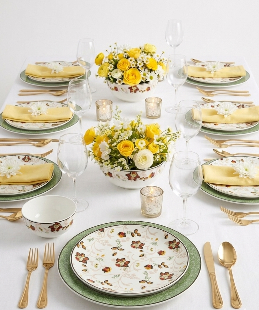Kerala Floral White & Green Fine Bone China Dinner Set – 20 Pc My Store