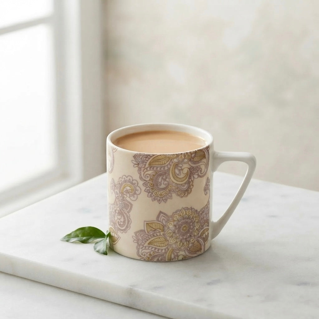 Puja GOLD Alpana on Yellow (Coffee Mugs, Pack of 6) My Store