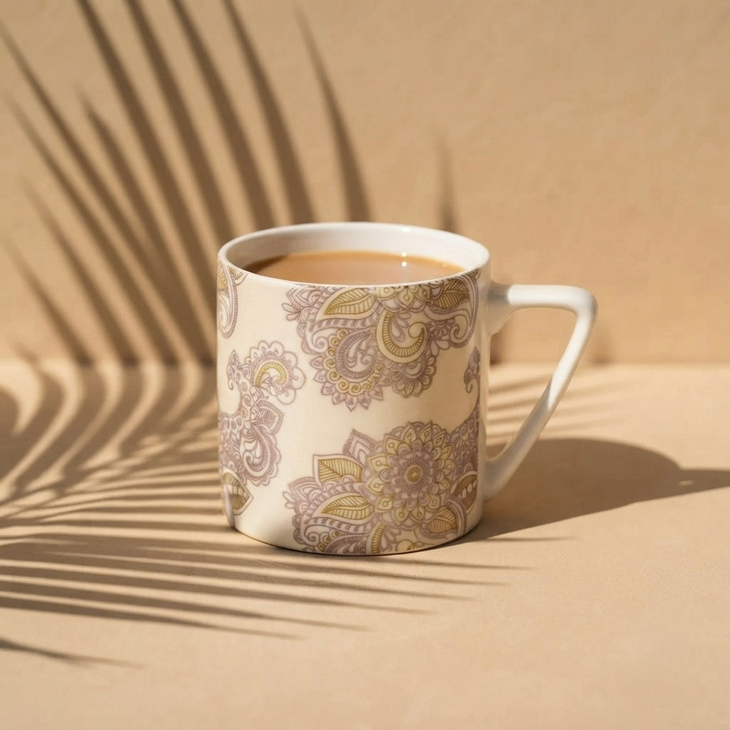 Puja GOLD Alpana on Yellow (Coffee Mugs, Pack of 6) My Store