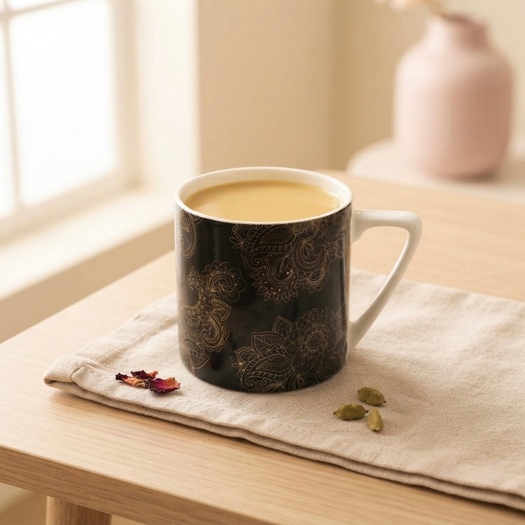 Puja GOLD Alpana on Black (Coffee Mugs, Pack of 6) My Store
