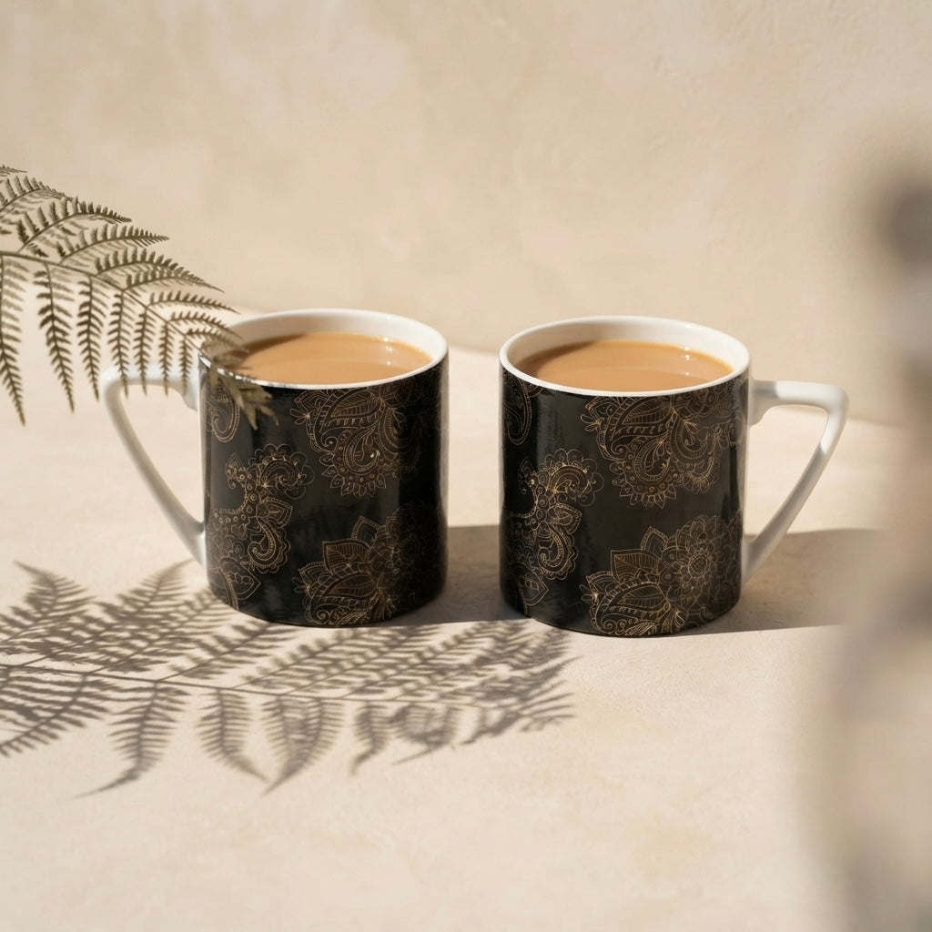 Puja GOLD Alpana on Black (Coffee Mugs, Pack of 6) My Store