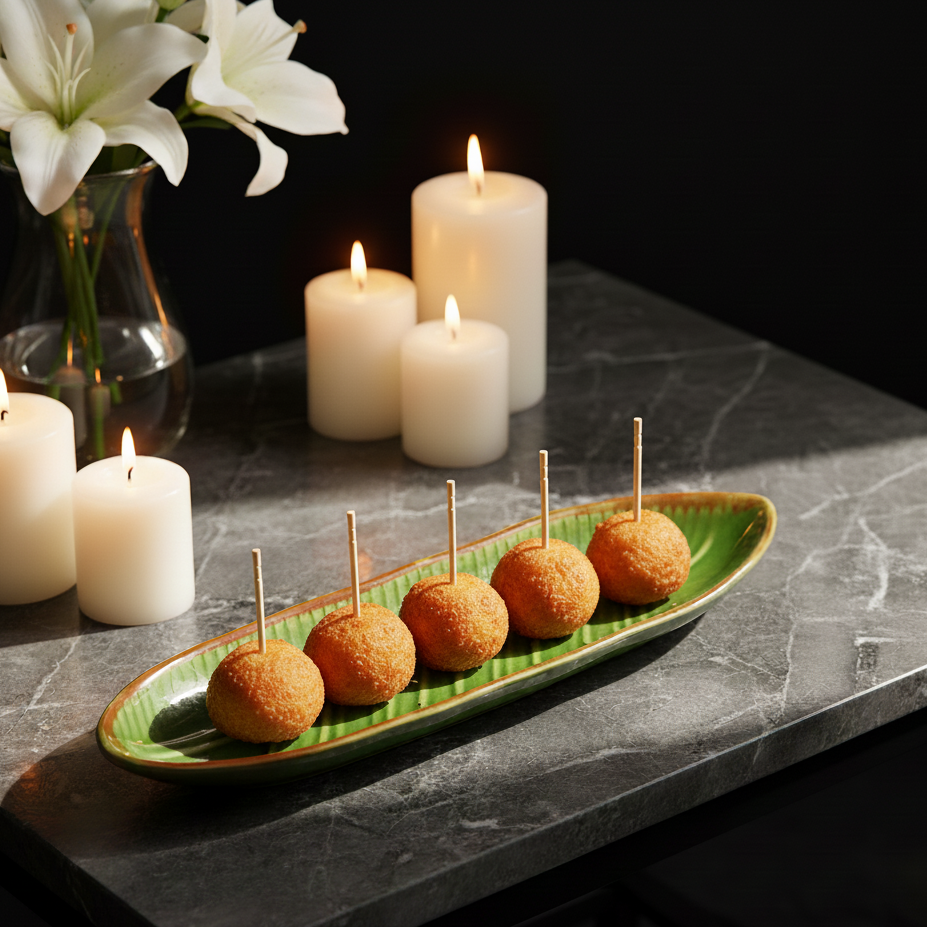 Five golden-brown fried appetizers on a green leaf-shaped plate with toothpicks, set on a dark marble table beside lit white candles and a vase of white lilies against a black background.