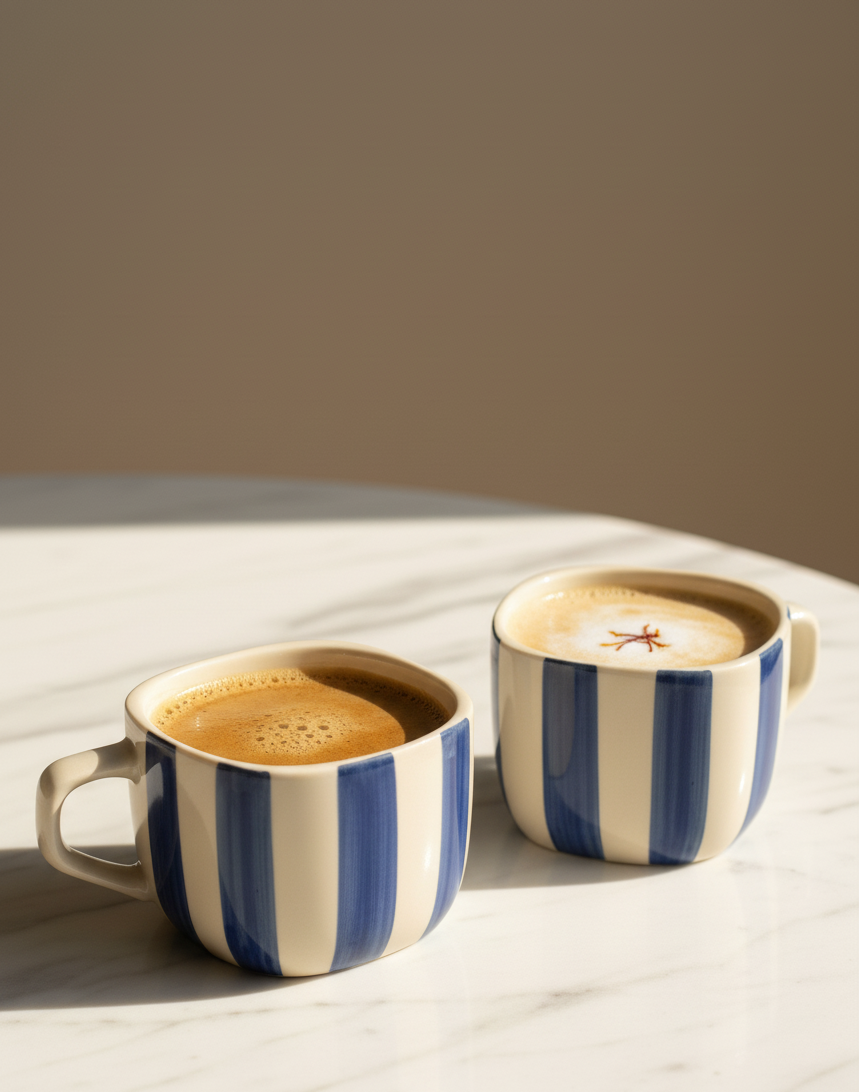 DATA Zen Stripes Hand Painted Coffee Mugs in Blue Lines, Set of 6