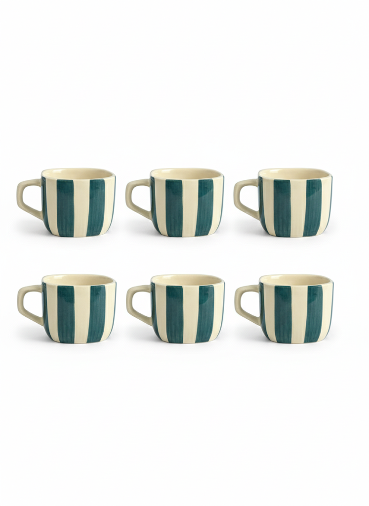 DATA Zen Stripes Hand Painted Coffee Mugs in Dark Green Lines, Set of 6