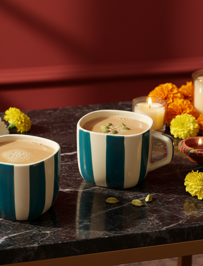 Two green and white striped zen mugs with a hot beverage on a dark surface with candles and flowers.
