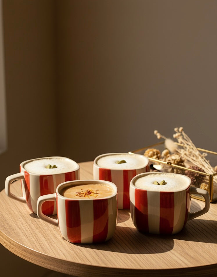 DATA Zen Stripes Hand Painted Coffee Mugs in Red Lines, Set of 6