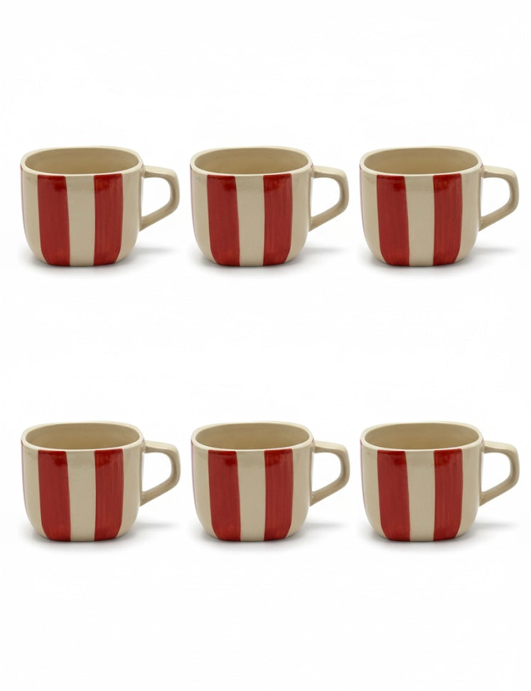DATA Zen Stripes Hand Painted Coffee Mugs in Red Lines, Set of 6